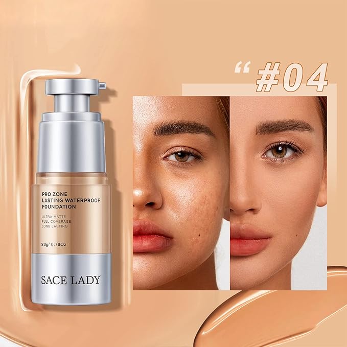 Ultra Matte Liquid Foundation Makeup, Full Coverage Shine Free Foundation Cream for Oily Skin, Waterproof Natural Face Foundation Make-Up Lasts Up to 24HR, 0.7Oz (#04)