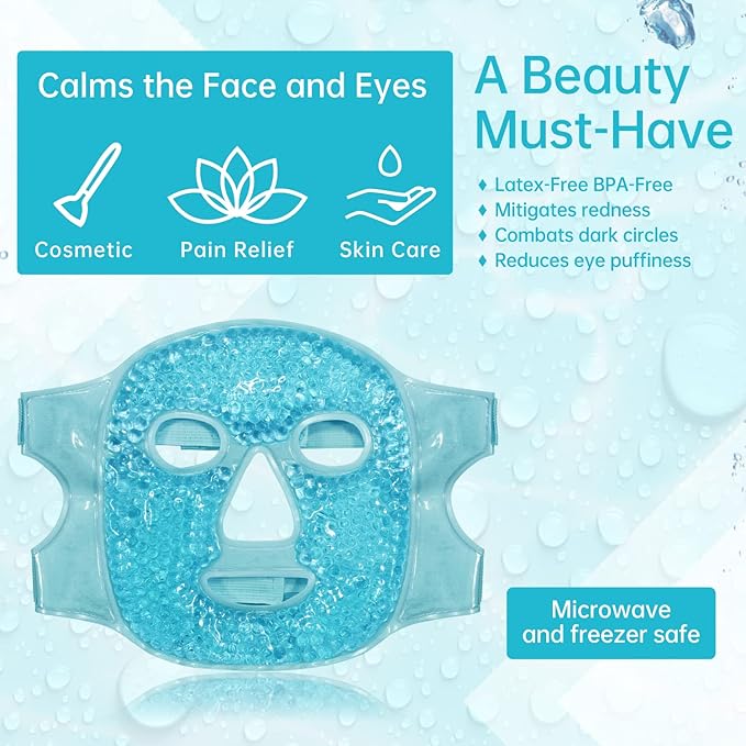 Ice Face Mask Reusable and Cold Gel Eye Mask for Puffiness/Dark Circles/Eye Bags/Dry Eyes/Headaches/Migraines/Stress Relief, Ice Pack for Eyes & Face (Blue)