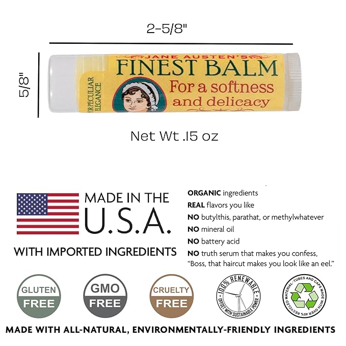 Jane Austen's Finest Balm, Lip Balm Tube, Peppermint Flavored - Cruelty-Free and Made in the USA from Natural and Imported Ingredients