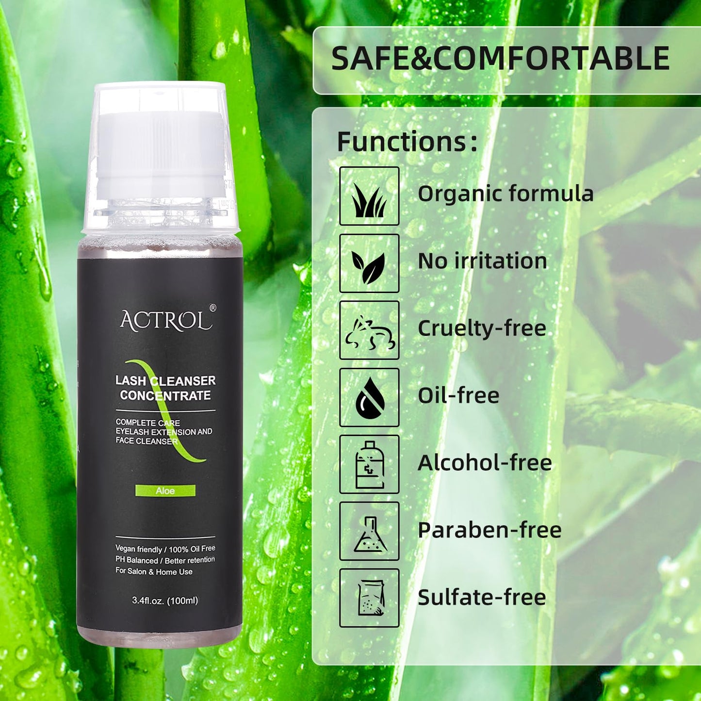 Eyelash Cleanser Concentrate 100ml Aloe Professional Lash Shampoo Foaming Cleanser Paraben & Sulfate Free Non-lrritating Wash for Extensions Lashes with Salon Home Care-Makes 20 Bottles