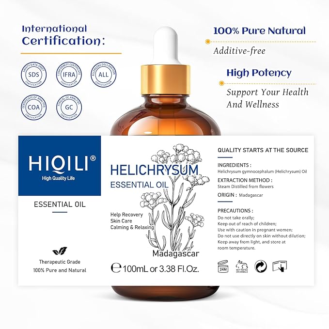 HIQILI Helichrysum Essential Oil for Skin Nourish, Undiluted & Natural, Relieve Fatigue in Body Massage, Reduce Fine Line and Wrinkle, Aromatherapy Diffuser, DIY Floral Scented Gift -100ML