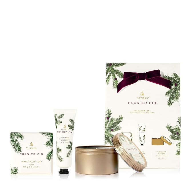 Thymes Frasier Fir Hand Cream, Travel Tin Candle Jar and Bar Soap Gift Set - Scented with Notes of Siberian Fir, Cedarwood, and Sandalwood - Luxury Home Fragrance Set - Hostess Gift for the Holidays