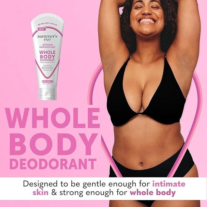 Summer's Eve, Whole Body Deodorant for Women, Ultimate Odor Control, Aluminum Free Deodorant, 3 Fl Oz + Simply Sensitive Daily Refreshing Feminine Wipes, Removes Odor, pH Balanced, 12 Count
