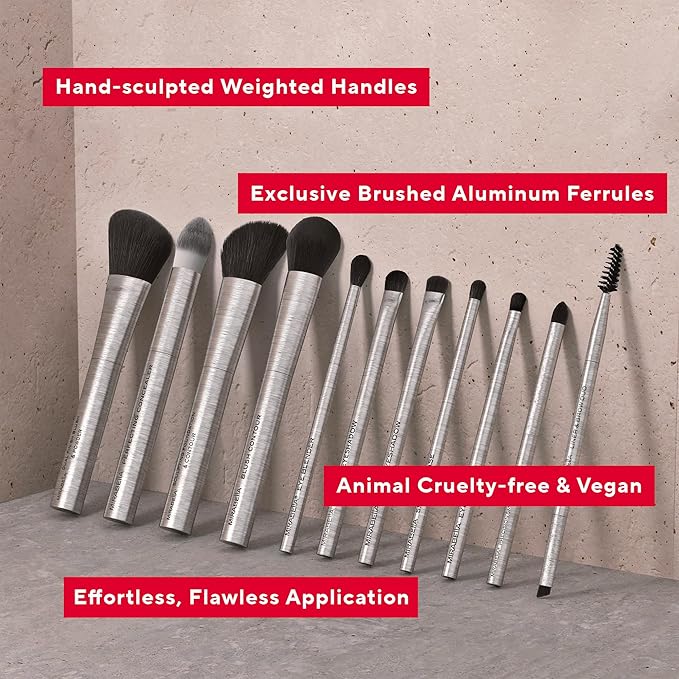 Mirabella Liner & Brow Duo Brush, Premium Professional Makeup Brush Collection, Cruelty-Free Synthetic Bristle Brush, Hand-Sculpted Brushed Aluminum Handle, Luxury Blending Brush for Makeup