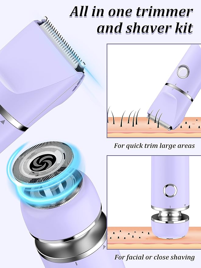 Bikini Trimmer and Shaver Kit for Women - 2-in-1 Wet/Dry Electric Body Hair Trimmer Facial Hair Removal Cordless Waterproof Bikini Shaver Razor for Face Lip Chin Pubic Underarm Legs (Purple)