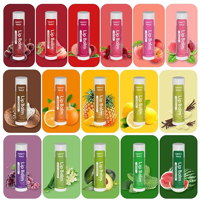 64 Pack Natural Lip Balm Bulk with Vitamin E and Coconut Oil Valentine's Day best choice - Moisturizing, Soothing, and Repairing Dry and Chapped Lips - 16 Flavors - Non-GMO