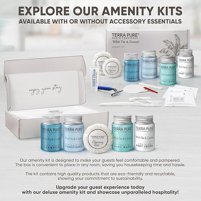 Terra Pure White Tea & Coconut Amenity & Accessory Kit |1oz Travel Size Shampoo, Conditioner, Lotion, Body Wash, 2 Cleansing Bars, Shave & Dental Sets, Make-Up Remover Wipes, & Vanity Kit | 15 Boxes