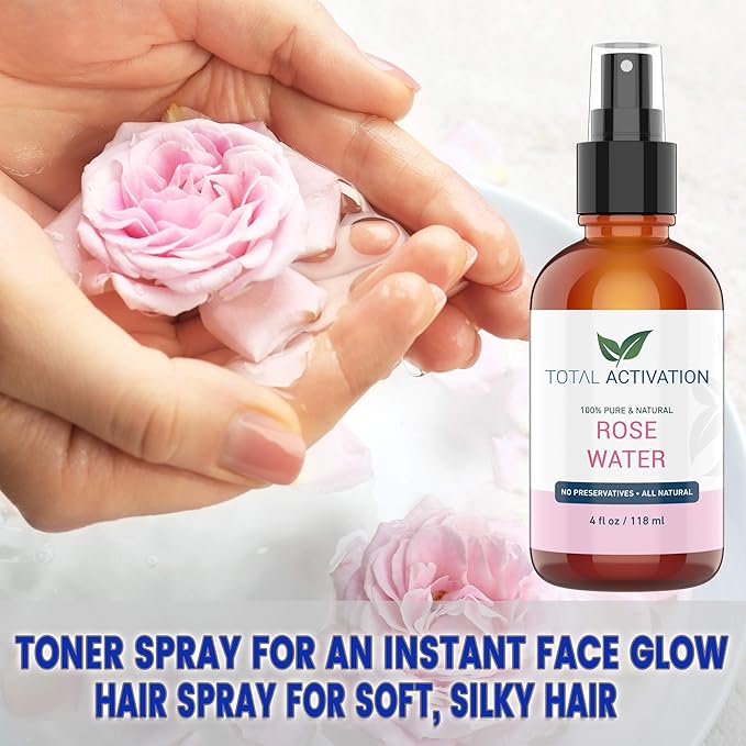 Large 4 oz 100% Pure, Organic Moroccan Rose Water Spray Face Toner, Skin Body Hair Spray, Eye Makeup Remover Alcohol Free Toner Minimizes Scar Hydrating Soothing Mist for Dry Oily Combination Skin