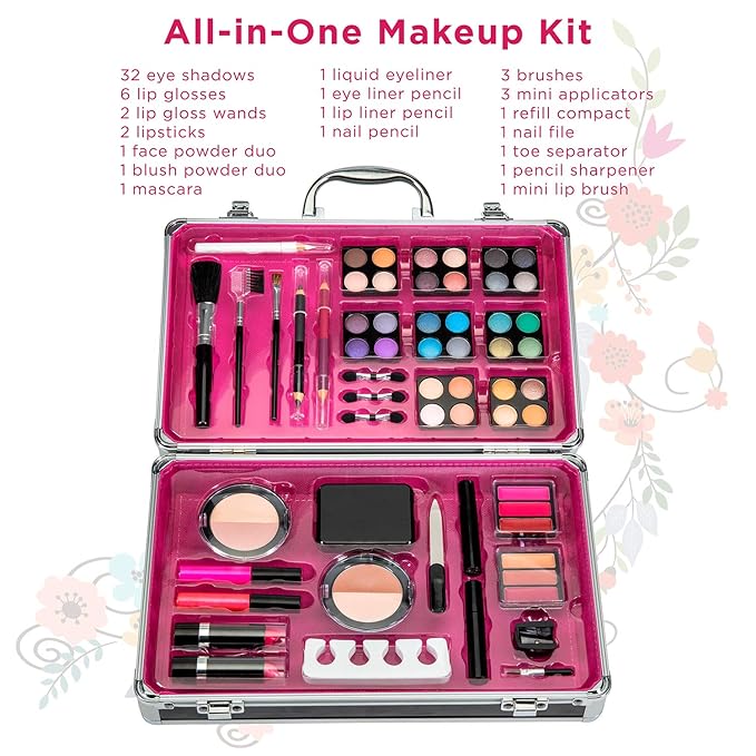 Makeup Kit Set - 32 Eye Shadows 6 Lip Glosses 2 Lip Gloss Wands 2 Lipsticks 1 Face Powder Duo 1 Blush Powder Duo 1 Mascara - Case with Carrying Handle