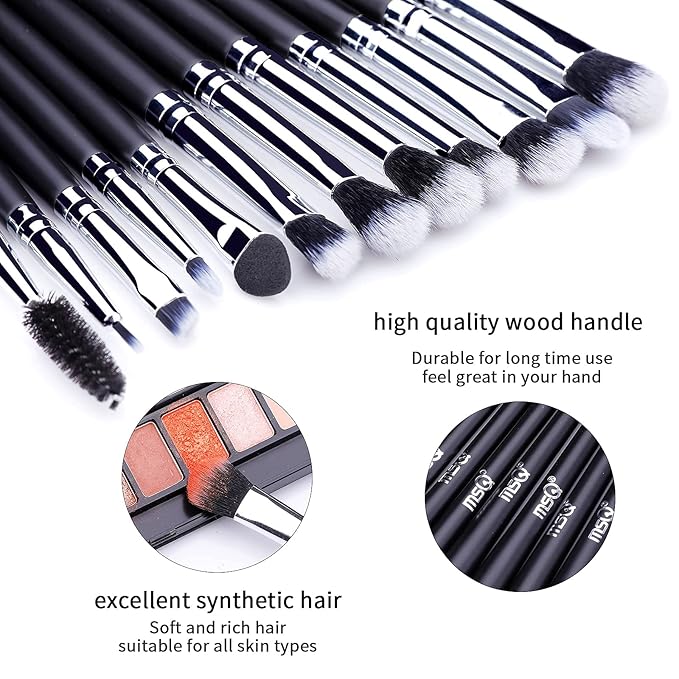 MSQ Eye Makeup Brushes 12pcs Eyeshadow Makeup Brushes Set with Soft Synthetic Hairs & Real Longer Wood Handle for Eyeshadow, Eyelash,Eyebrow, Eyeliner, Blending, Conclear(Black)