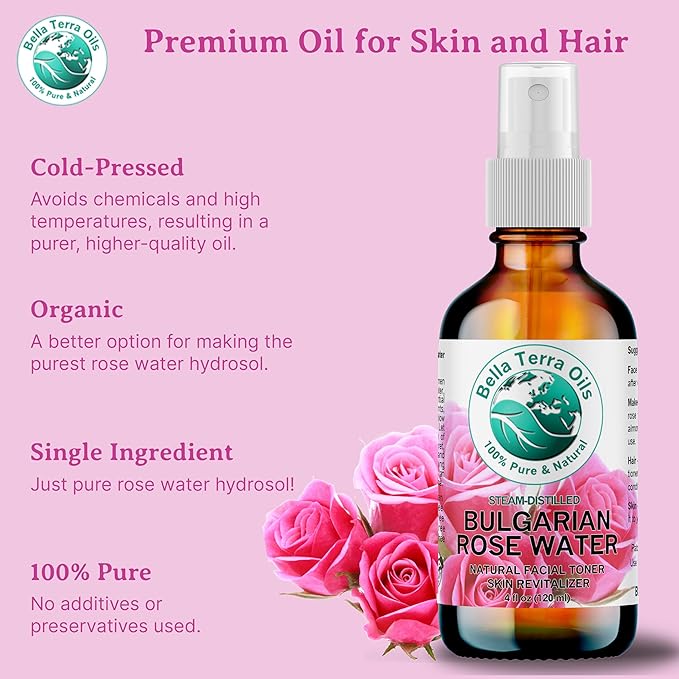 Bella Terra Oils - Rosewater Spray 16 oz - Embrace The Timeless Beauty of Pure Organic Rose Water, Ideal for Skin & Hair, Immerse in Natural Rose Fragrance