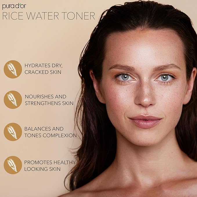PURA D'OR 3.3 Oz Rice Water Facial Toner - Hydrating, Balancing & Soothing Formula with Natural Extracts - Skin Texture Support for Radiant Skin - Alcohol-Free - Travel Size