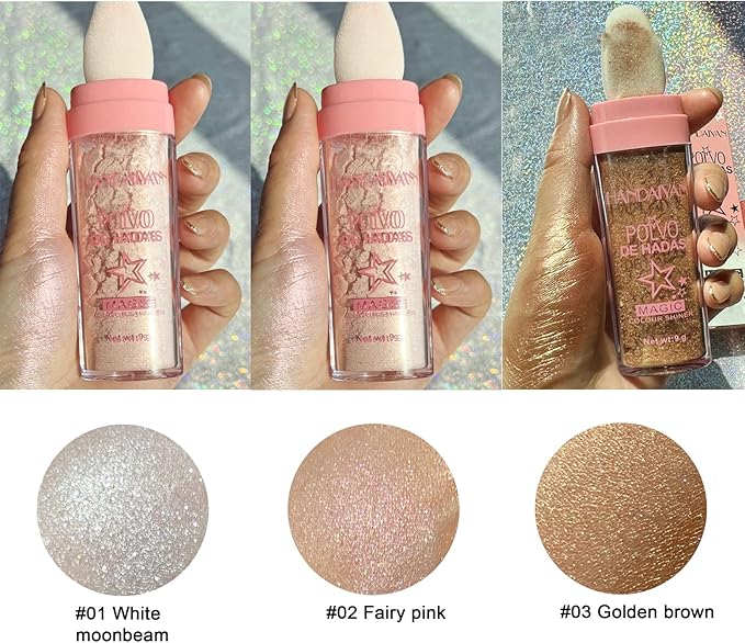 Polvo De Hadas - Body Glitter Highlighter Powder Fairy Stick for Makeup Shimmer and Shine High Gloss Blush Contour Powder Makeup - 3 Colors Sparkle Patting Powder For Hair Face Eyes Body