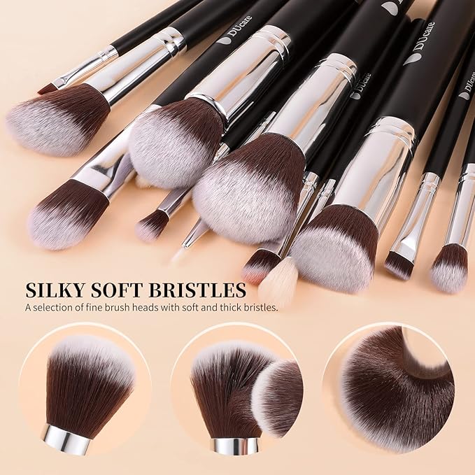 DUcare 15pcs Classic Black Makeup Brush Set with Bag Professional Soft Synthetic Foundation, Blending, Eyeshadow, Powder, Concealer Brushes for Flawless Makeup Application