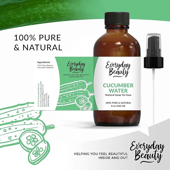 Cucumber Hydrosol Facial Toner - All Natural Hydrating Spray Mist for Face and Hair - 100% All Natural Cucumber Water Hydrosol 8oz with Fine Mist Cap
