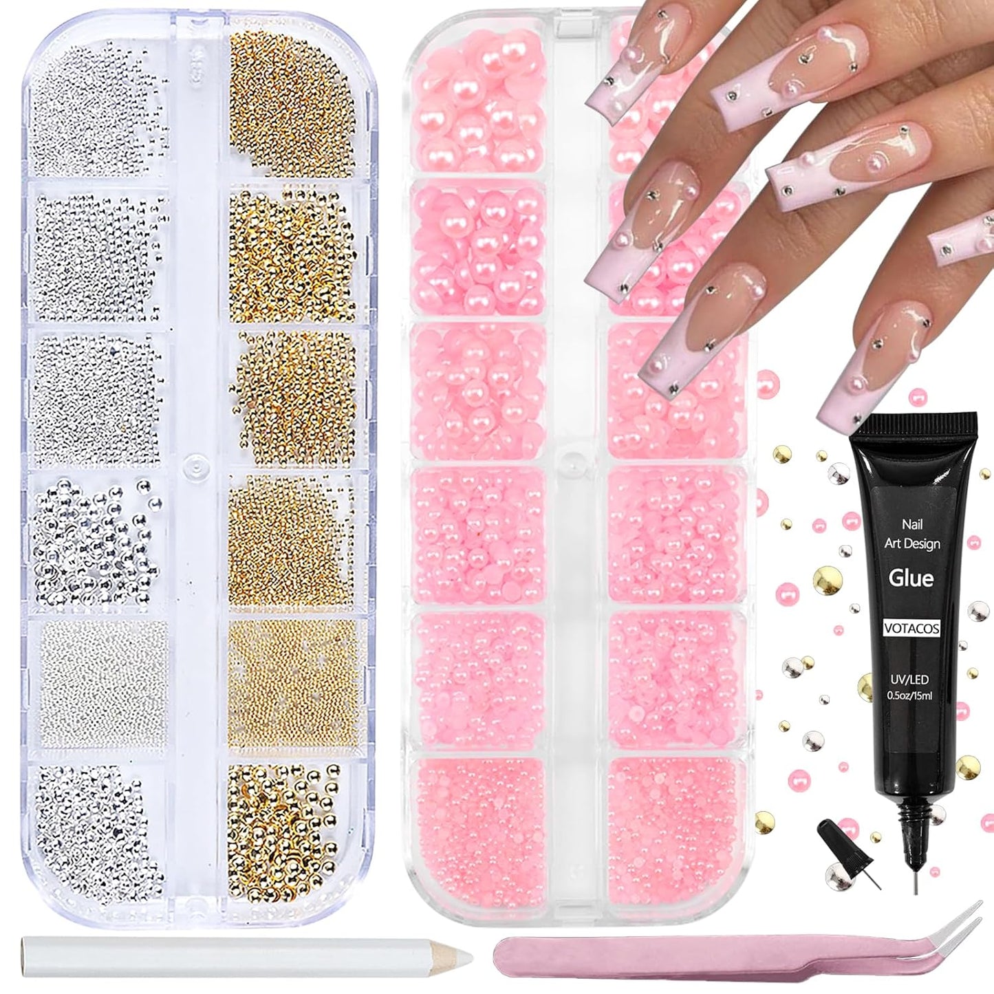 Nail Art Pearls with Rhinestones Glue Gel Flatback Pearls Nail Charms Luxurious Nails Supplies Accessories Gold Silver Gems Jewelry Pearl for Women Nails Design(Pink)