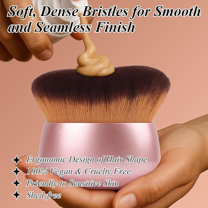 75MM Extra Large Self Tanner Kabuki Makeup Brush – Ultra Soft Dense Vegan Bristles for Body Makeup, Bronzer & Foundation–Applies Tanning Mousse, Lotion & Self Tanner–Rose Gold, Wet & Dry