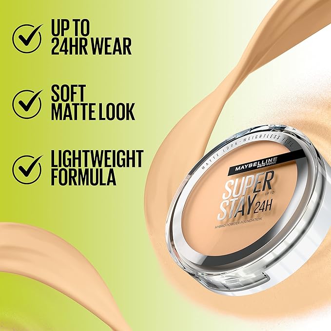 Maybelline Super Stay Up to 24HR Hybrid Powder-Foundation, Medium-to-Full Coverage Makeup, Matte Finish, 360, 1 Count