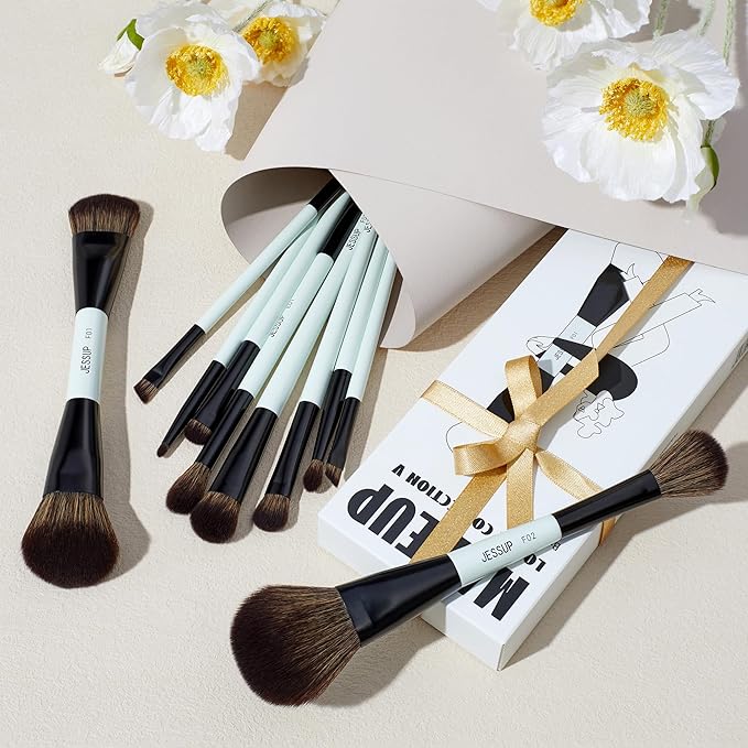 Jessup Makeup Brushes Set 10pcs, Double Sided Foundation Contour Blush Highlight Blending Eyebrow Brush Eyeshadow Eyeliner Concealer Brush, Bright Cyan Cruelty Free Cosmetic Tools T500