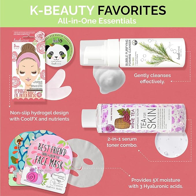 Korean Skin Care Set - Simplified Kbeauty Skincare Kits - Asian Skincare Facial Kit & Sets with Water Based Cleanser, Essence Toner, Under Eye Patches, Face Mask Sheets, Self Care Gifts For Women