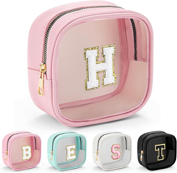 YOOLIFE Initial Make Up Bag Travel Toiletry Bag, Clear Makeup Bag Preppy Cosmetic Bags Organizer Travel Essentials Gifts for Women Teen Girlfriend Teacher Mom Birthday Mothers Day Gifts