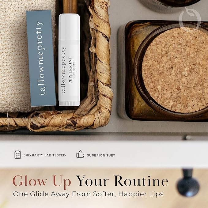 Peppermint Lip Balm, Ultra-Soothing, Deeply Hydrating Tallow Lip Balm with Grass Fed Beef Tallow, Beeswax, Jojoba Oil & More, Non Toxic Lip Care, Made in the USA, 0.15 Oz.