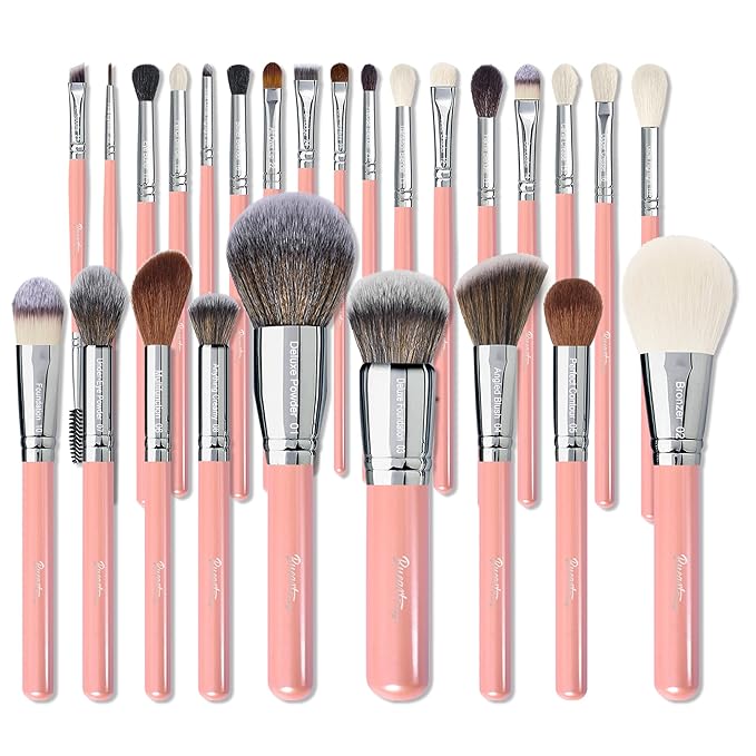 Bueart Design Makeup Brushes Set 26pcs Real Natural Goat Hair Professional labeled Foundation Face Blending Blush Concealers Eyeshadow Brush Set(26Pcs Pearl Pink)