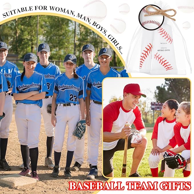 144 Pcs Baseball Lip Balm Hand Cream Set Baseball Party Supply, Include 36 Baseball Lip Balm 36 Moisturizing Hand Cream 36 Baseball Bag 36 Baseball Card and Rope for Baseball Accessories Gifts
