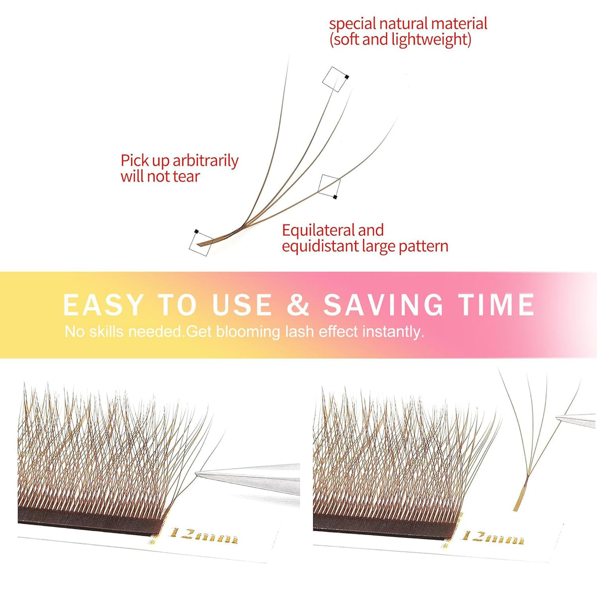 Lash Extensions Brown 4D Eyelash Extensions W Lashes 0.07mm Thickness D Curl Lashes Mix 8-15mm Colored Lashes Soft Lash Trays Pestañas Pelo a Pelo Individual Lashes(W-Brown-4D-0.07-D,8-15mm)