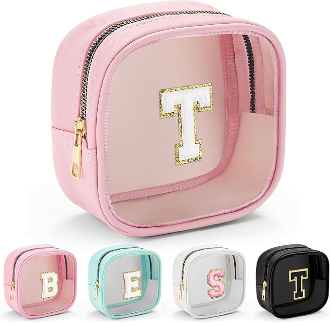 YOOLIFE Mini Birthday Gifts for Women - Personalized Cute Pink Initial Clear Makeup Bag Make Up Bag Travel Bag for Mothers Day Gifts Teacher Sister Friend Female Girlfriend Wife Teen Gifts Party Bag T