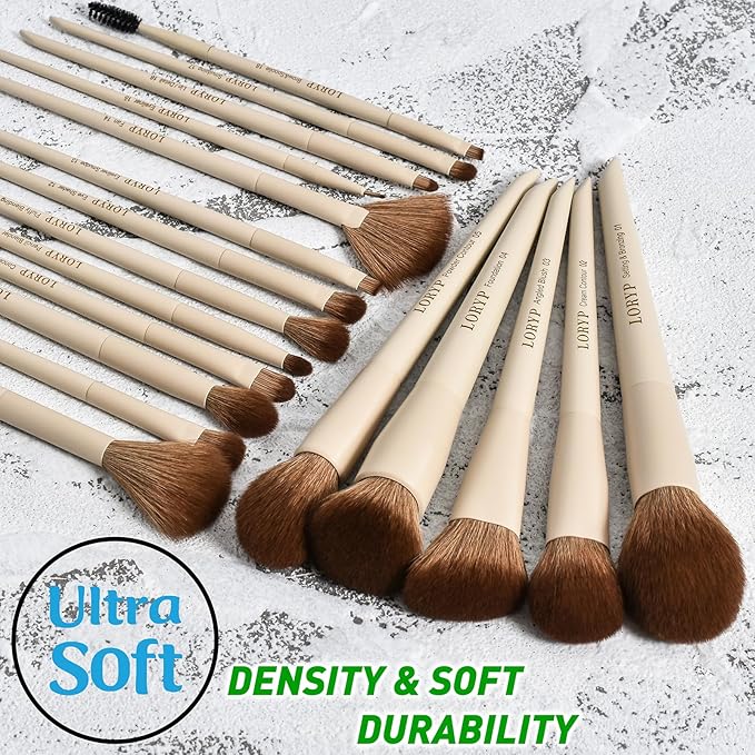 LORYP Makeup Brushes Set Labeled 18 Piece Face and Eye Brush Set Ultra soft hair Foundation, Concealer, Blush, Contour, Blending, Eyeshadow Khaki Brush kit