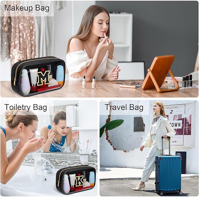 YOOLIFE Initial Make Up Bag Travel Toiletry Bag for Women, Clear Makeup Bag Organizer Cosmetic Bags Travel Essentials Gifts for Women Teen Girlfriend Teacher Mom Birthday Mothers Day Gifts Black I
