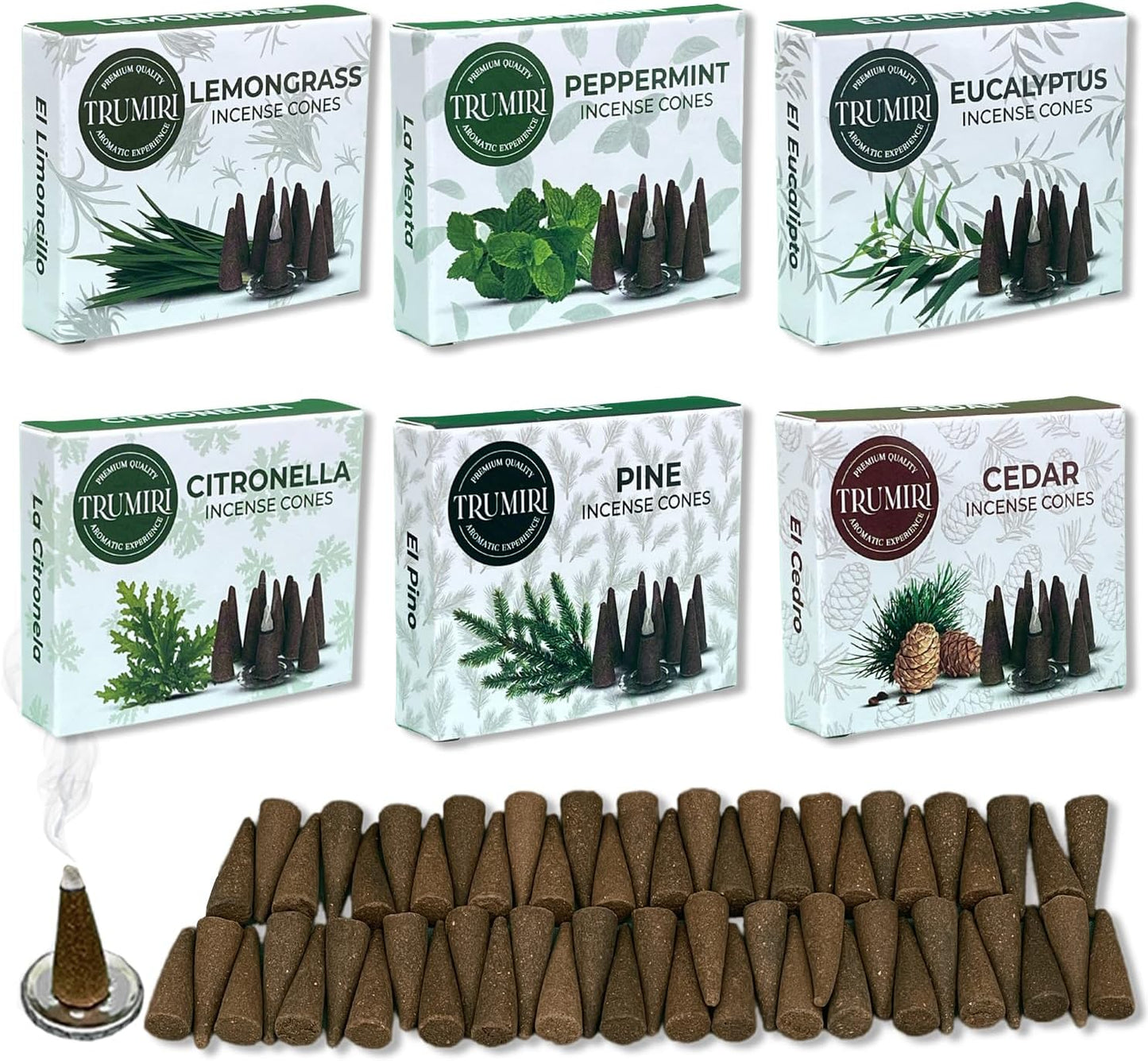 TRUMIRI Leafy Incense Cones - Variety Pack - Total 60 Cone Incense (6 Scents x 10 Conos) - Citronella Lemongrass Eucalyptus Peppermint Cedar Pine - Cone Incense Scents - Insense Cones - Incent Cone