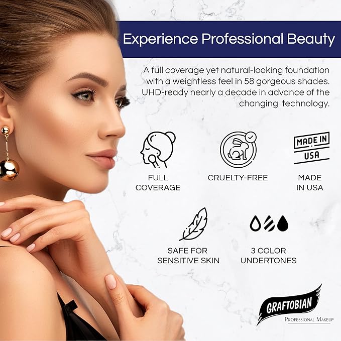 Graftobian HD Glamour Crème Foundation 1/2oz, Weightless Full Coverage Makeup, 65 Inclusive Shades, For All Skin Types, Natural or Full-Glam Looks, For Professionals and Beginners, Sandstone