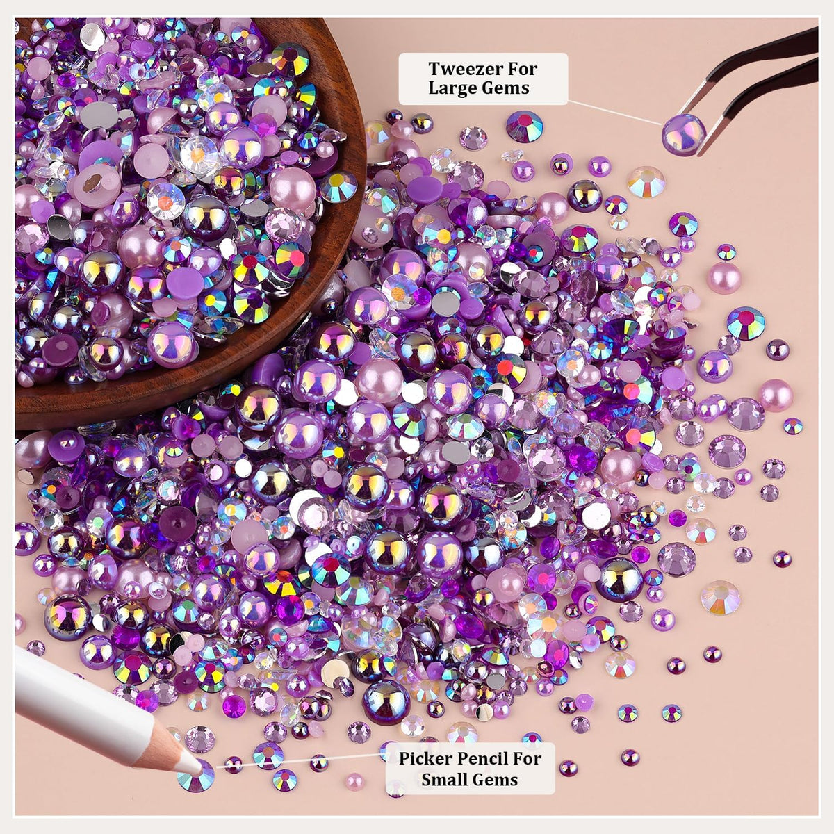 9000PCS Flatback Pearls and Rhinestones for Crafting, Purple Mixed Size 3-10mm Resin Rhinestones and Half Pearls for Bedazzling, Nail Art and Decoration with Tweezer and Pickup Pencil