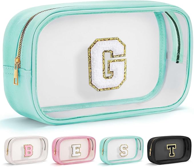 YOOLIFE Initial Clear Makeup Bag | Waterproof Large Travel Makeup Bag | Personalized Travel Beach Toiletry Bag | Clear Makeup Bags With Zipper | Teacher Teen Girls Women Birthday Gifts G Blue G