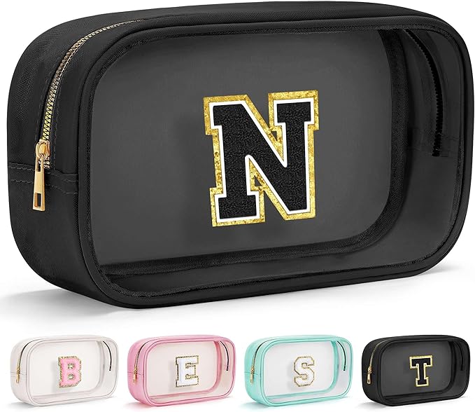 YOOLIFE Initial Travel Makeup Bag Pouch, Clear Toiletry Bag for Women Travel Accessories Cosmetic Bag Skin Care for Teen Make Up Bags Birthday Gifts for Women Unique Teacher Mom Friends Gifts Black N