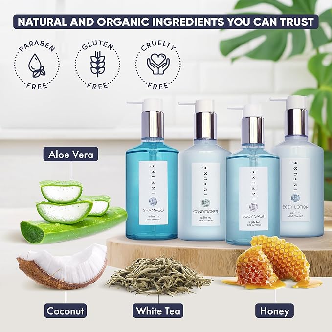 A 20 Piece Ecobox All-In-Kit of our Infuse | White Tea and Coconut Soap | 6 Shampoo, 4 Conditioner, 6 Body Wash & 4 Lotion | 10.14 oz Hotel Soaps and Toiletries Bulk | Personal Care Products