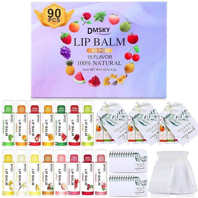 DMSKY 90 Pack Lip Balm, Natural Lip Balm Bulk with Vitamin E and Coconut Oil, Moisturizing Soothing Chapped Lips, Gifts for Women Stocking Stuffers Party Favors