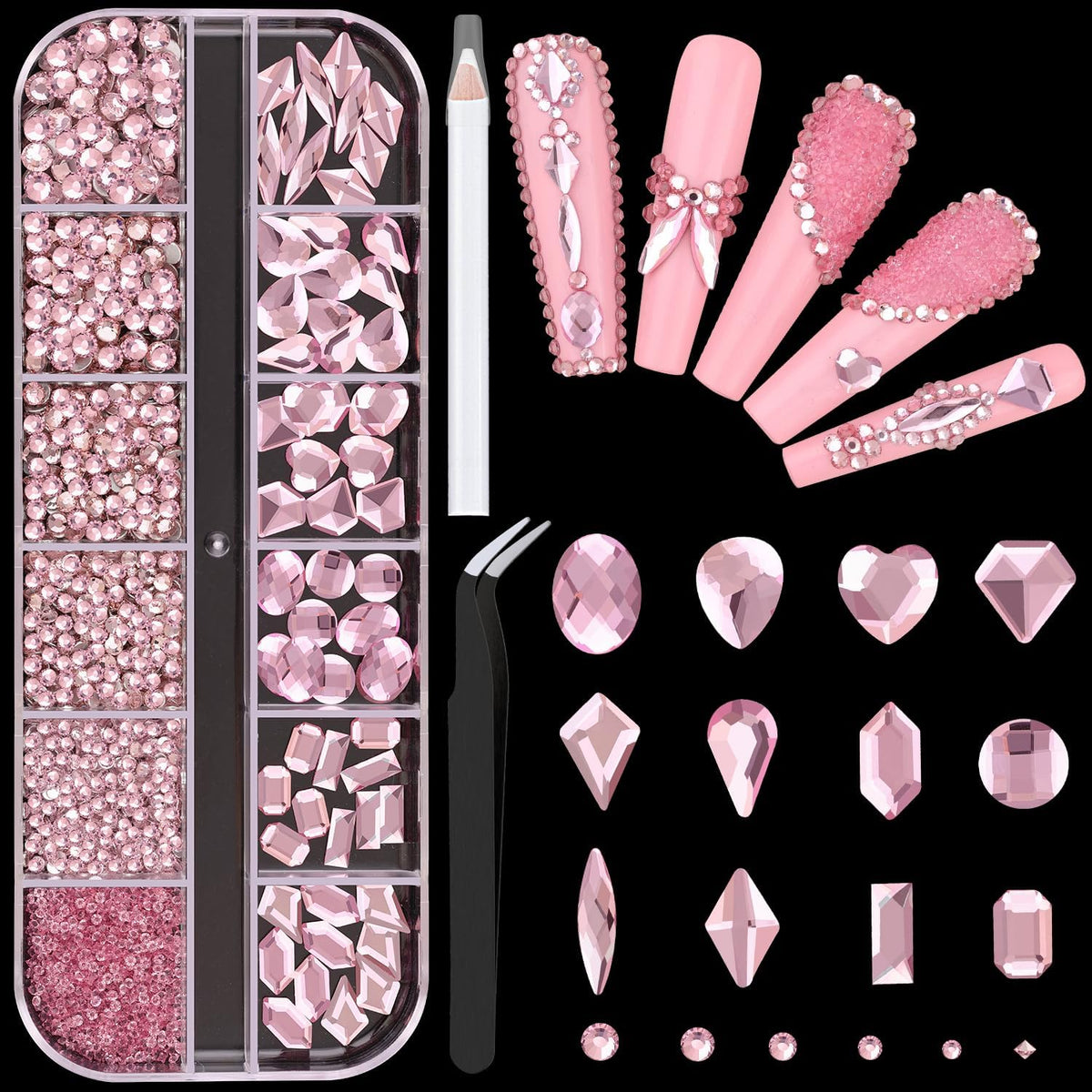 2060Pcs Pink Glass Nail Rhinestones 60Pcs Multi Shapes Flatback Nail Gems + 2000Pcs 1.5-4mm Round Crystal, Manicure Nail Charms Diamond Gemstones for Acrylic Nails Decoration