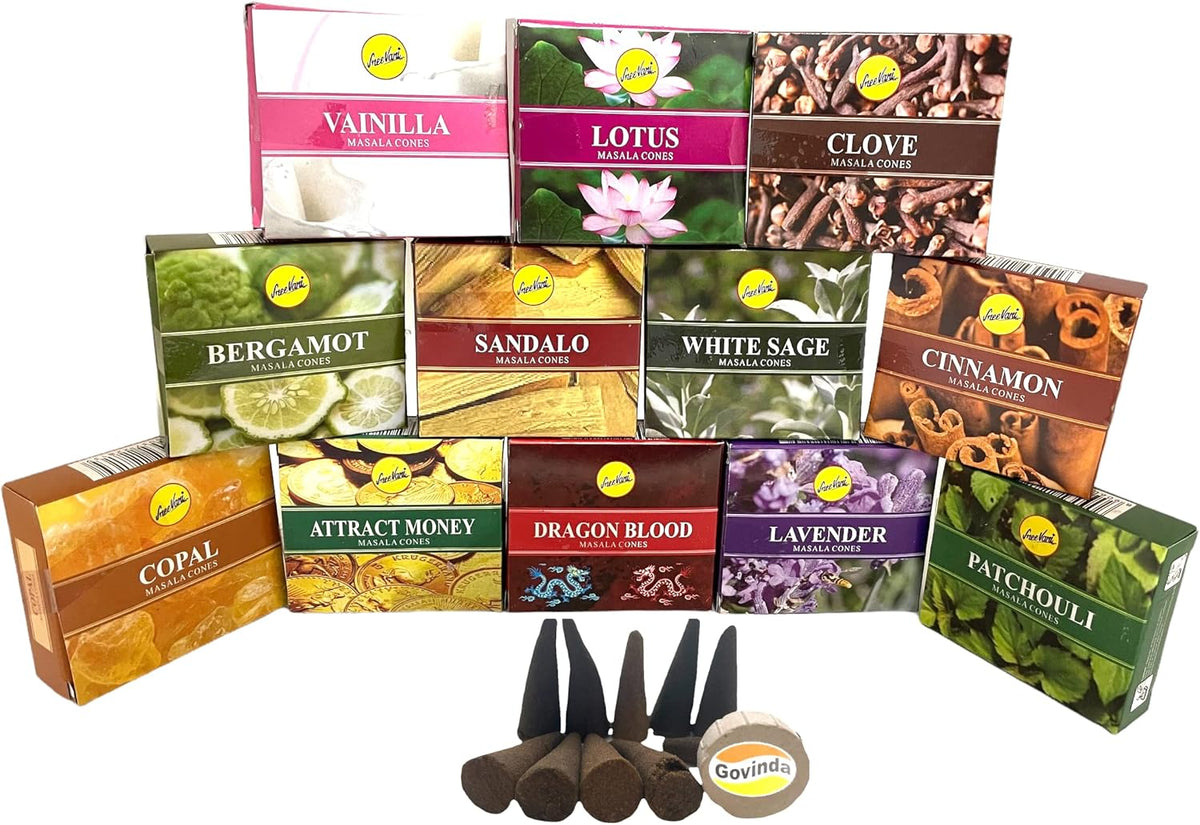 Sreevani Natural Masala Incense Cones and Holder Bundle, 120 Cones Total, Assorted #1