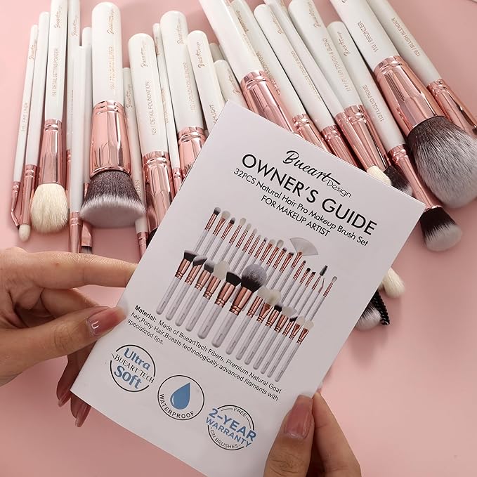Pro makeup Artist Brushes Set 32Pcs Luxury Goat Hair Horse hair Makeup Brush Set eye and face brushes for every possibility By Bueart Design (Pearl White)