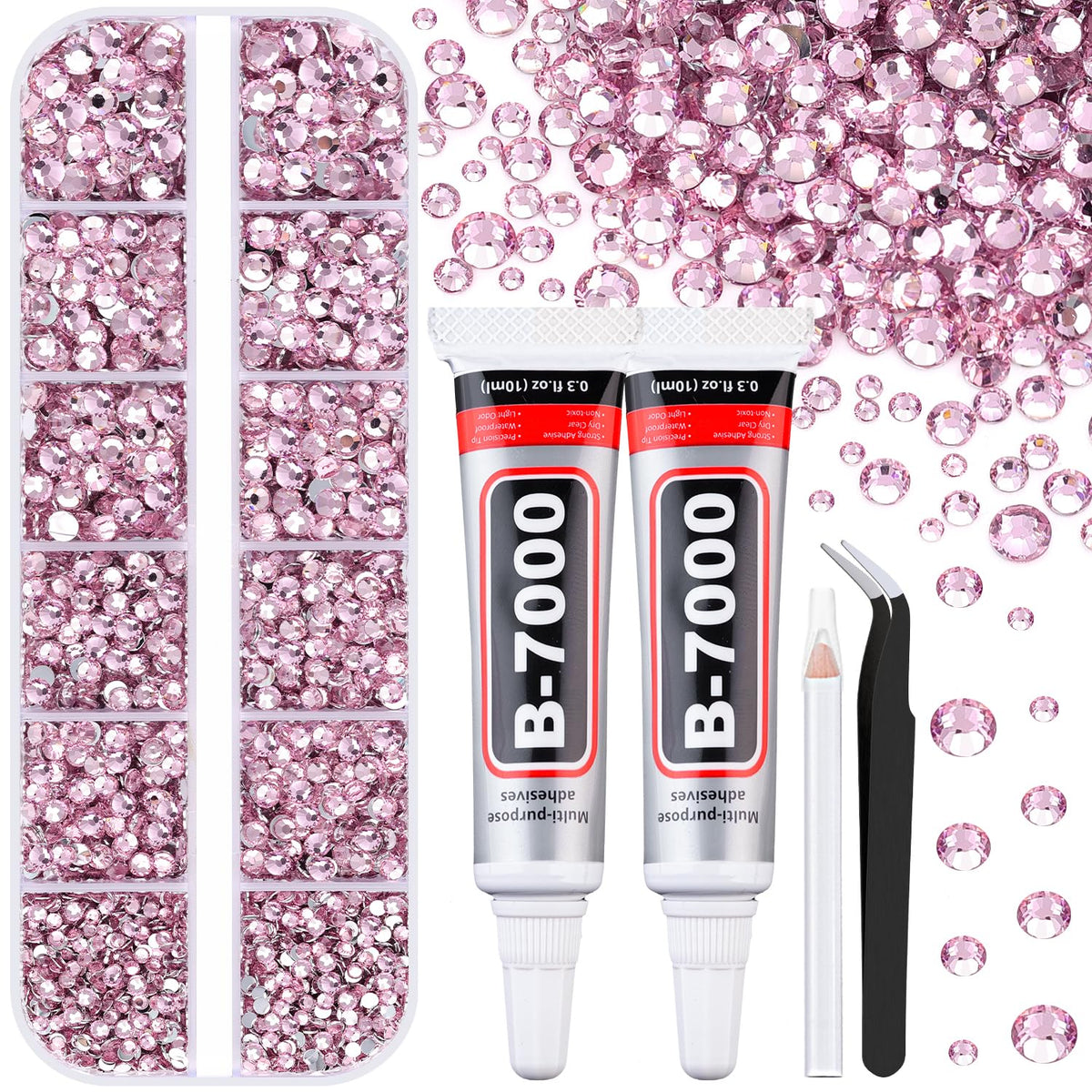 6100Pcs Resin Rhinestones for Crafting with 2Pcs 10ml B7000 Jewelry Glue, 1 Box Flatback Crystals Diamond (Light Pink) for Bedazzling Crafts DIY Nail Art Non Hotfix Gems for Clothing Shoes