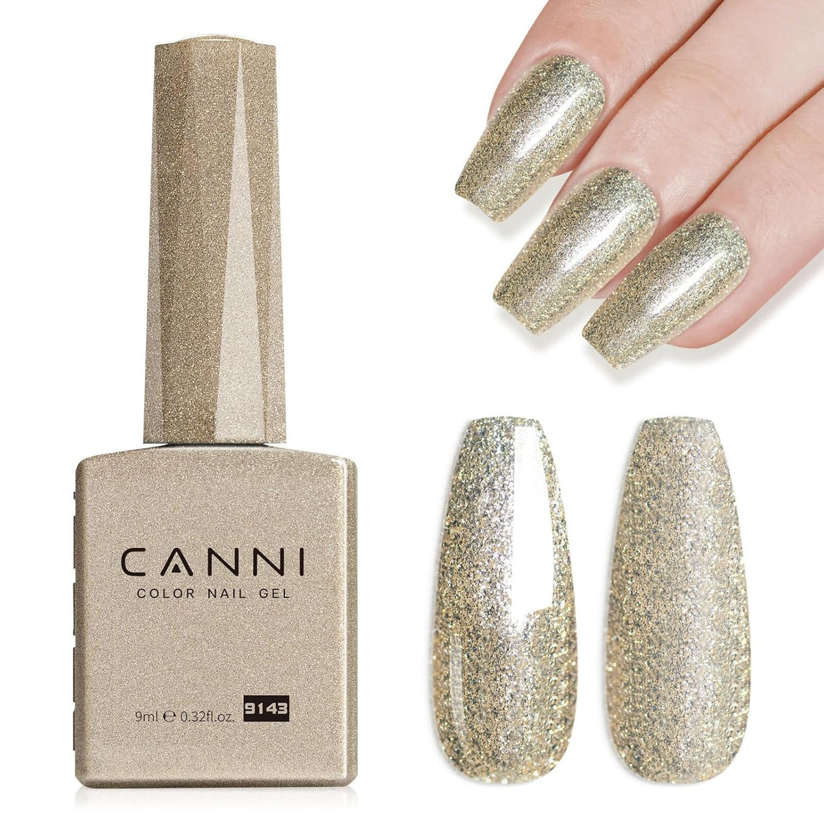 CANNI Champagne Gold Glitter Gel Polish – 9ML Sparkly Soak-Off UV/LED Gel Nail Polish, Shiny Metallic Finish for French Manicure, DIY or Salon Use