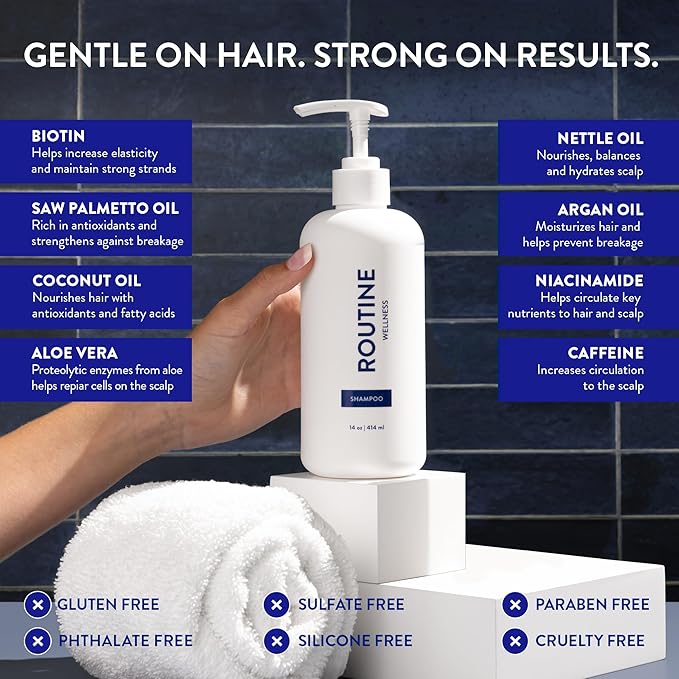 Routine Wellness Anti-Thinning Shampoo for Thinning Hair - Biotin DHT Blocker Women & Men - Color Safe Shampoo for Hair Loss & Healthy Hair - Lavender & Cedar - 14oz