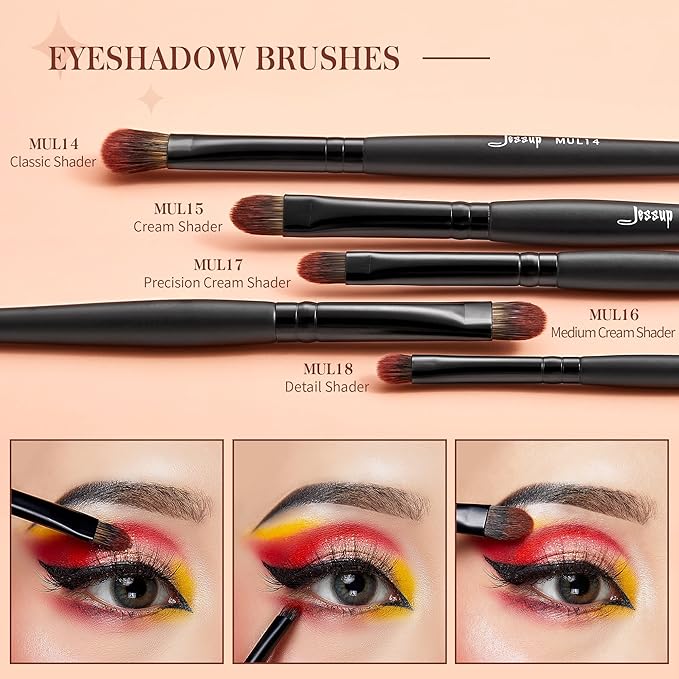 Jessup Eye Brushes Set, Vegan Makeup Brushes with Concealer Powder Eyeshadow Blending Eyeliner Spoolie Brush, 16pcs Premium Synthetic Black Cosmetic Brush T272