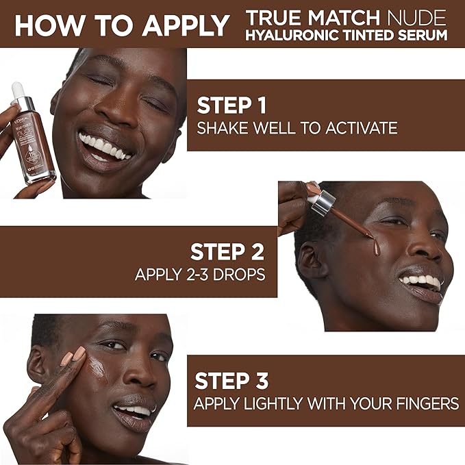 L'Oreal Paris True Match Nude Hyaluronic Tinted Serum Foundation with 1% Hyaluronic acid, Very Deep 10-12, 1 fl. oz.