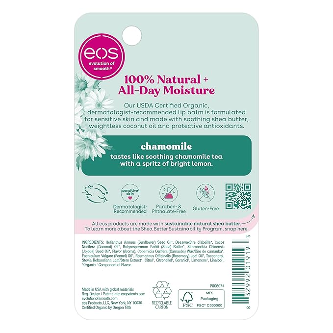 eos 100% Natural & Organic Lip Balm Stick- Chamomile, All-Day Moisture, Cruelty-Free, 0.14 oz