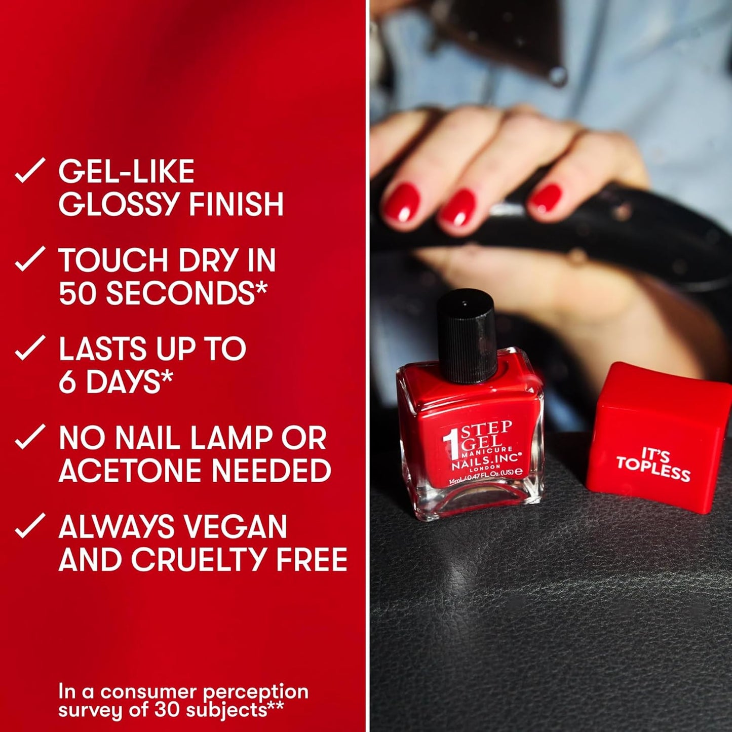 Nails Inc It's Topless Gel-Like Nail Polish, 4-in-1 Base Coat, Treatment, Color & Top Coat, Long Lasting, Strong, Chip Free Nails, Glossy Salon Quality Manicure, Air Dry, Sabrina, 0.47 Fl Oz