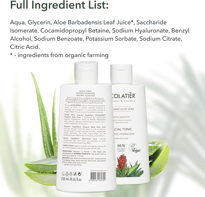 Organic Aloe Vera Facial Toner - 98% Natural Ingredients - Intense Hydration, Hyaluronic Acid, 98% Natural, Vegan - Deep Moisture, Refreshes, and Revitalizes The Skin - 8.5 Fl Oz / 250ml